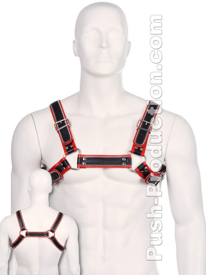 Bulldog Zipper Design Leder Harness - Schwarz/Rot