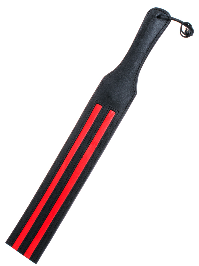 Schwarze Lederklatsche mit roten Streifen