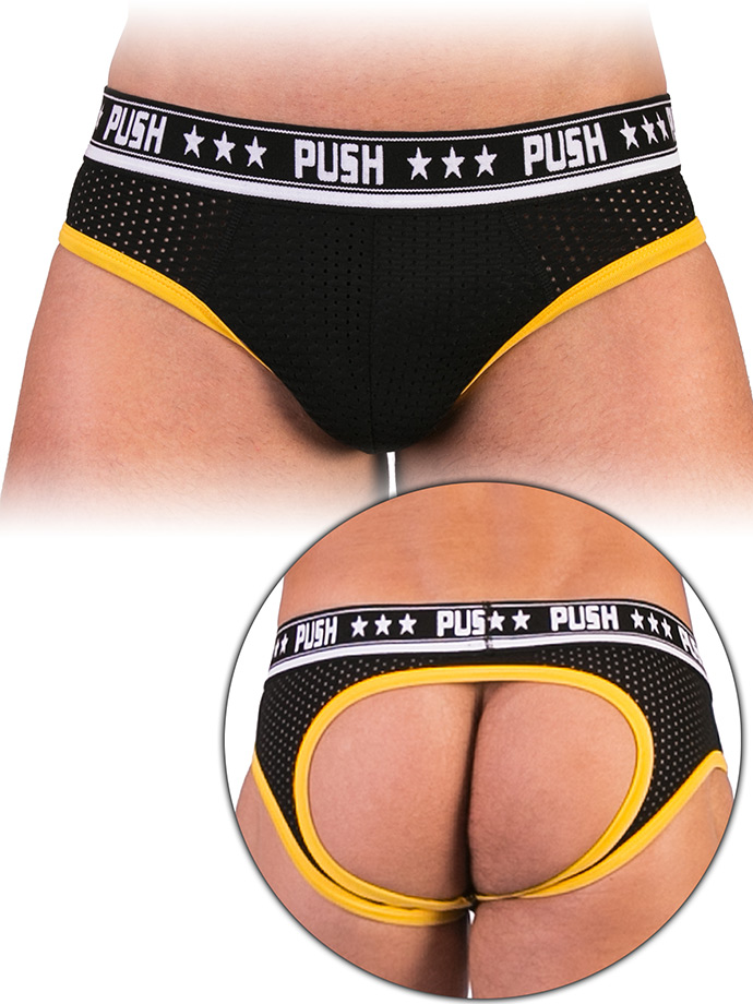 Push Underwear - Premium Mesh Hole Brief - Black/Yellow